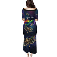 Women's long dress back view with dark navy dragonfly graphic, short sleeves and midi hem