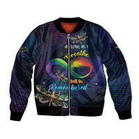 Unisex zip-front bomber jacket, dark blue with purple dots and dragonfly graphic