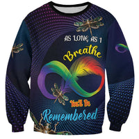 Personalized crewneck sweatshirt with dragonfly infinity heart design; reads 'You'll Be Remembered'