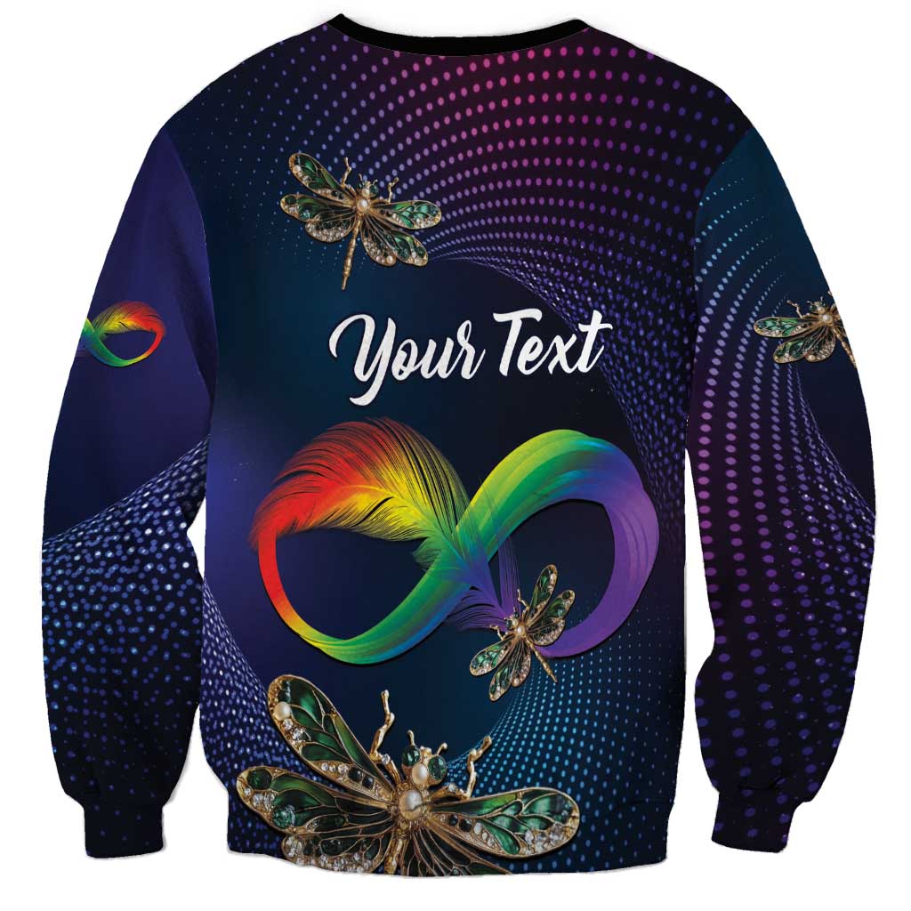 Personalized crewneck sweatshirt with colorful dragonfly infinity heart; shows 'Your Text'