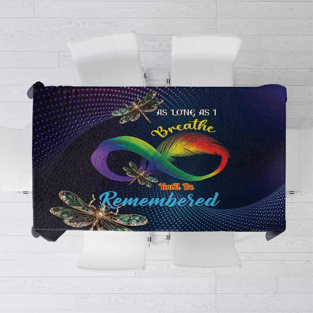 Navy square tablecloth with multicolor dragonflies and infinity ribbon graphic, decorative text