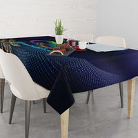 Navy tablecloth with dotted texture and multicolor dragonfly infinity artwork