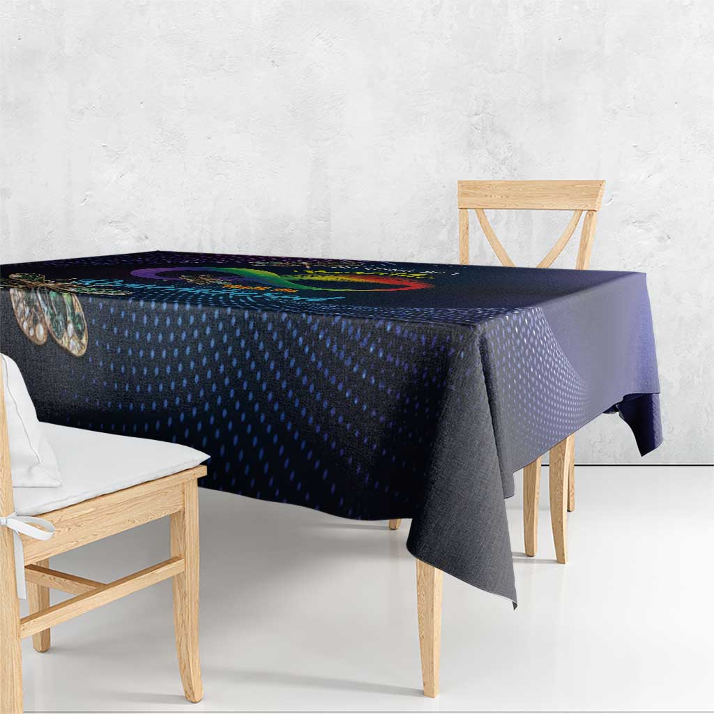 Navy tablecloth with multicolor dragonfly infinity graphic and corner drop