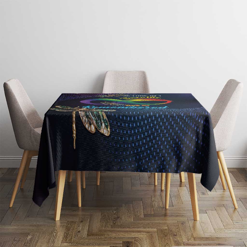 Navy tablecloth with multicolor dragonfly infinity panel, styled on dining table