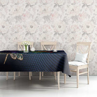 Navy tablecloth with multicolor dragonfly infinity design along table edge