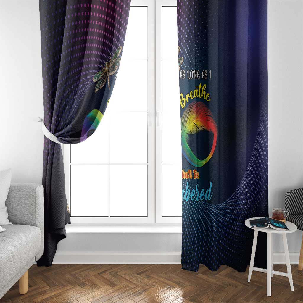 Window curtain panels in dark navy with dragonfly print and rainbow heart graphic