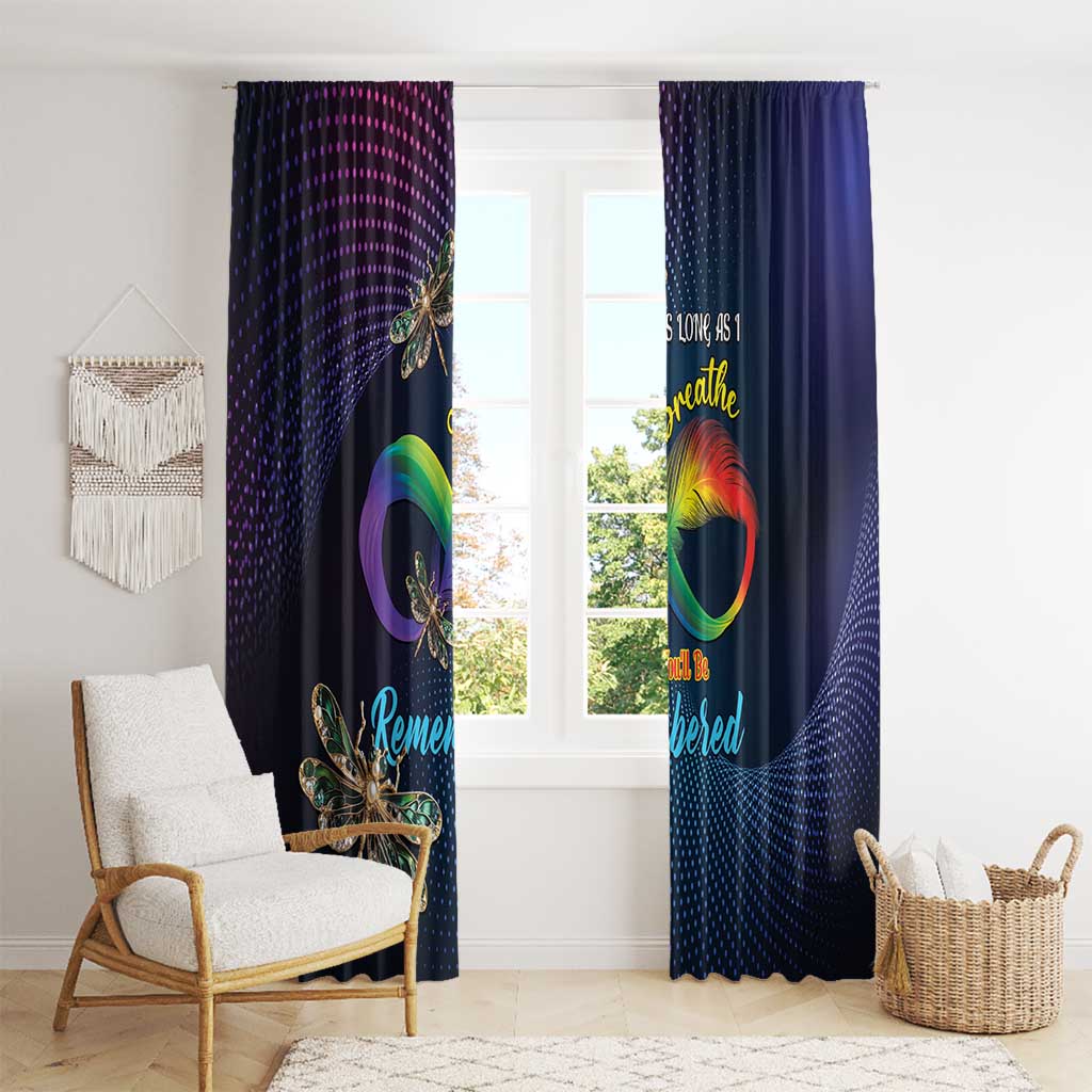 Two dark navy curtain panels featuring dragonflies and rainbow infinity motif