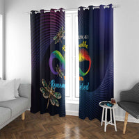 Two dark navy curtain panels with dragonfly print and rainbow infinity artwork
