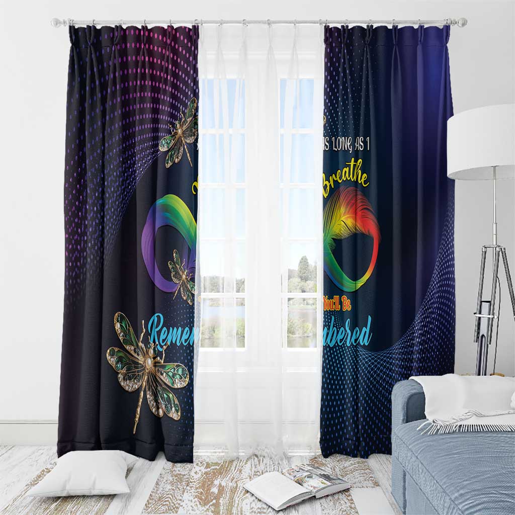 Two dark navy curtain panels with dragonfly pattern, rainbow infinity motif, and grommets