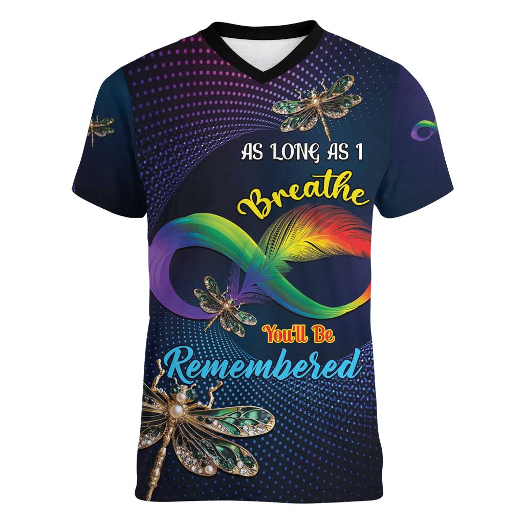 Personalized As Long As I Breathe You'll Be Remembered Women V-Neck T-Shirt Feather Infinity Luxury Dragonfly