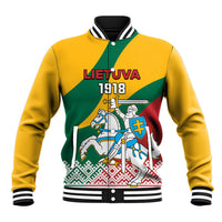 Yellow baseball jacket with green/red diagonal panels, LIETUVA 1918 front graphic