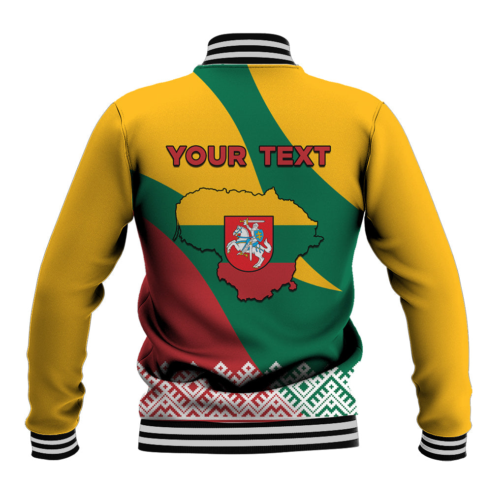 Back of yellow baseball jacket with green/red panels, map graphic and YOUR TEXT