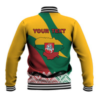 Back of yellow baseball jacket with green/red panels, map graphic and YOUR TEXT