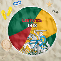 Round beach blanket with Lithuania flag print, LIETUVA 1918, and white fringe trim