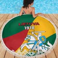 Round beach blanket with green yellow red Lithuania flag design, LIETUVA 1918, fringe