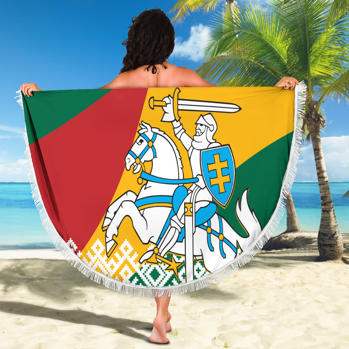 Round beach blanket with Lithuania flag artwork, LIETUVA 1918, and white fringe border