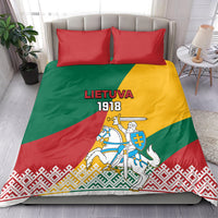 Independence day bedding set on bed with Lithuanian flag print, LIETUVA 1918, knight emblem