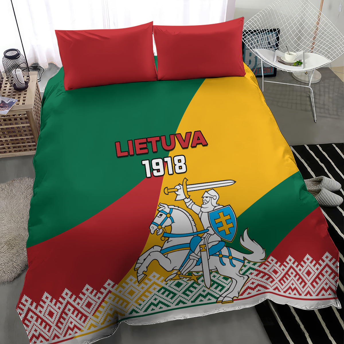 Independence day duvet cover with Lithuanian flag print, LIETUVA 1918, knight emblem; red shams