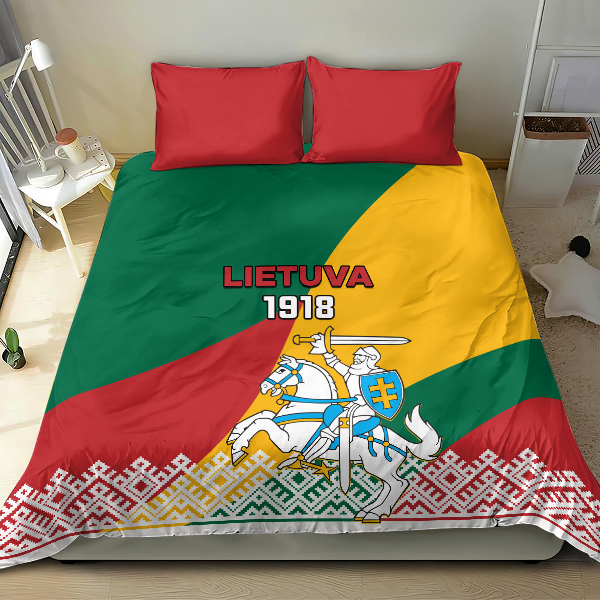 Independence day bedding set with Lithuanian flag print, LIETUVA 1918, knight emblem; red pillows