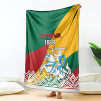 Lithuania Independence Day blanket, draped; green/yellow/red with LIETUVA 1918 and Vytis