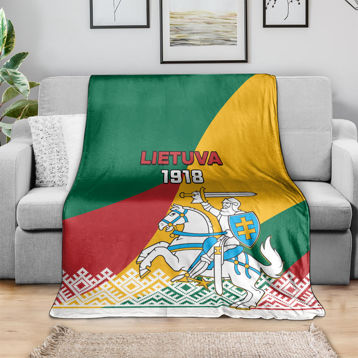 Lithuania Independence Day blanket, spread; green/yellow/red with LIETUVA 1918 Vytis knight
