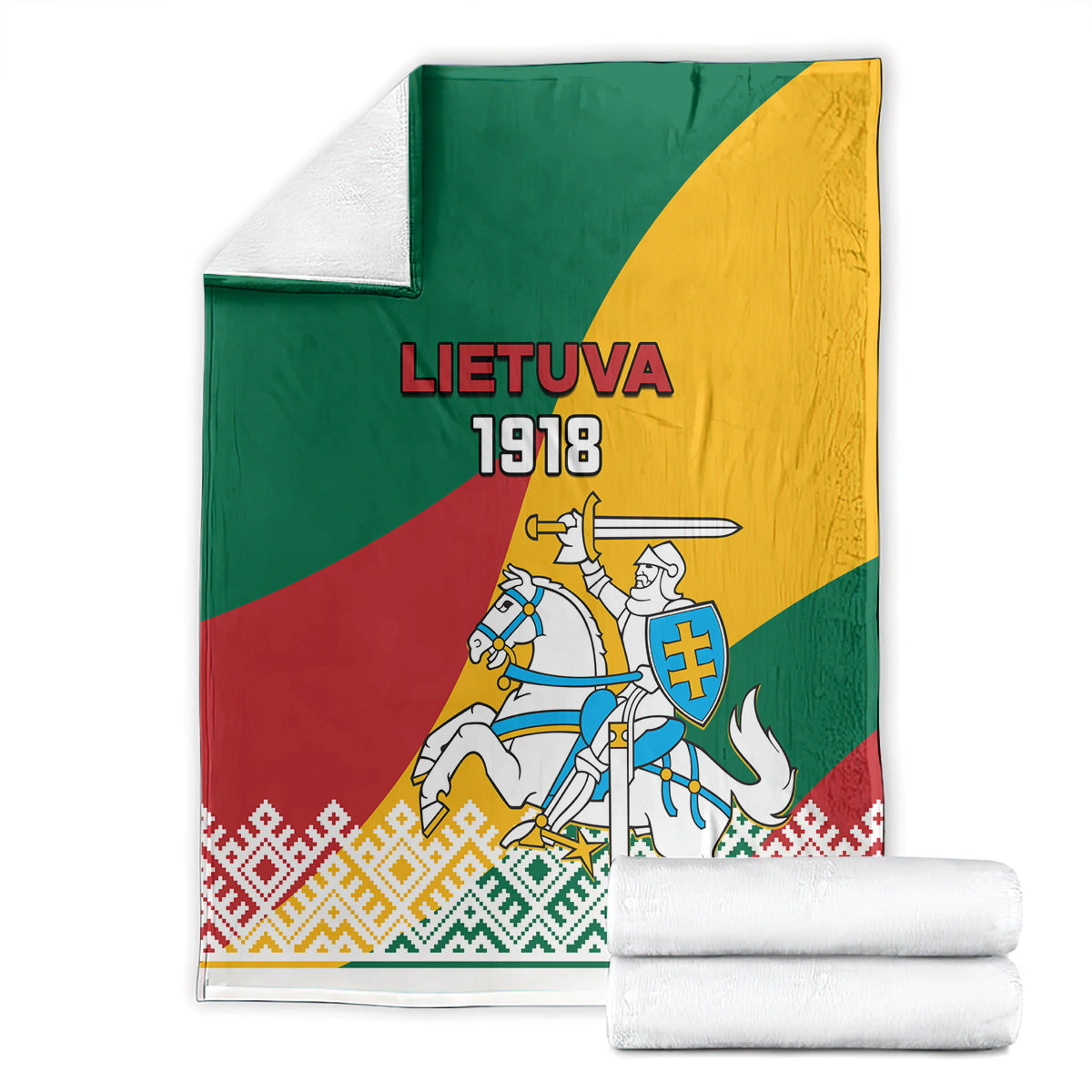 Lithuania Independence Day blanket, stacked; green/yellow/red LIETUVA 1918 with Vytis knight