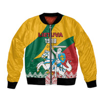 Unisex yellow bomber jacket with zipper and black ribbed trim; LIETUVA 1918 crest