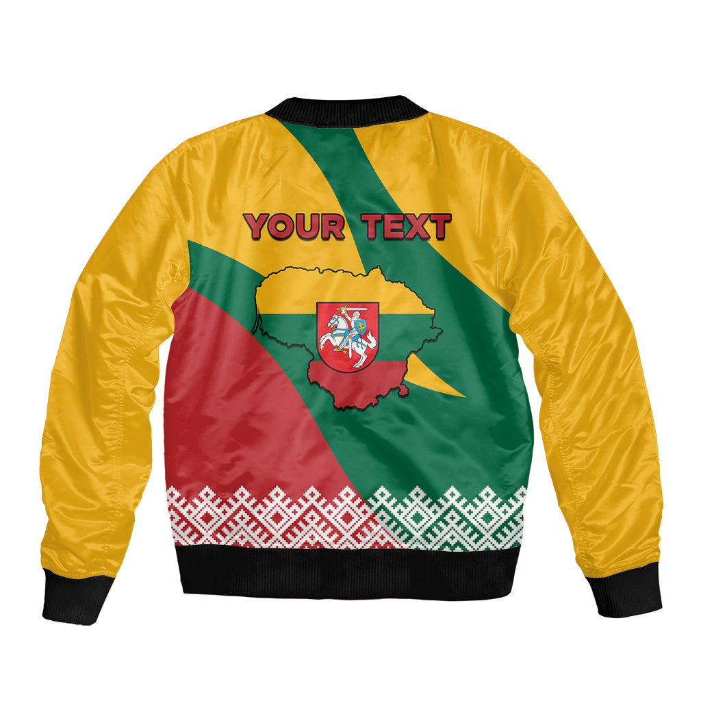 Unisex yellow bomber jacket with black ribbed trim; back shows YOUR TEXT and Lithuania map