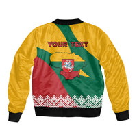 Unisex yellow bomber jacket with black ribbed trim; back shows YOUR TEXT and Lithuania map