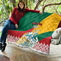 Lithuania Independence quilt draped on a sofa with LIETUVA 1918 and knight emblem