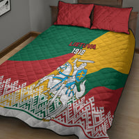 Personalized quilt bed set with Lithuanian Vytis crest, red green yellow, plus two pillows
