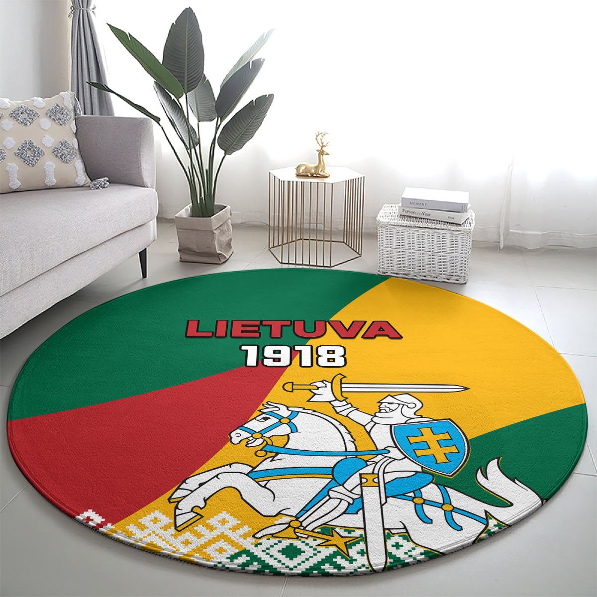 Round carpet with Lietuva 1918 lettering and knight-and-shield crest on flag colors