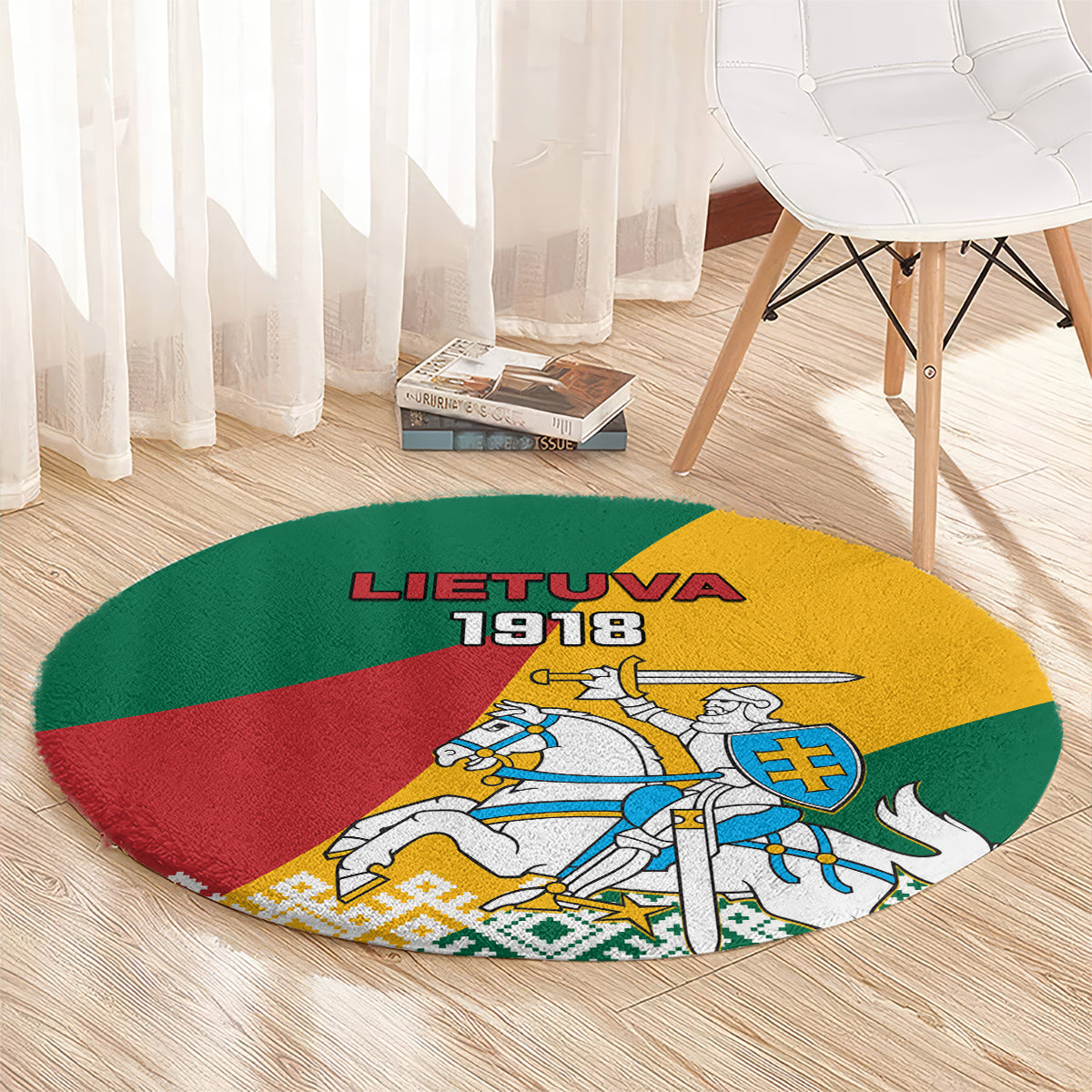 Round carpet with Lietuva 1918 and knight emblem on Lithuanian flag colors
