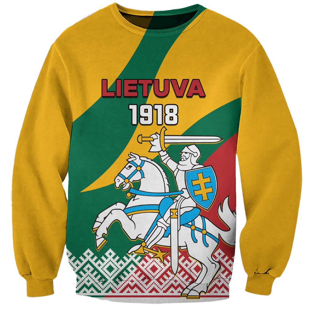 Unisex yellow sweatshirt with Lithuania 1918 graphic, knight on green diagonal stripe