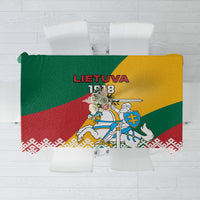 Personalized Lithuania tablecloth in green, yellow, and red with Vytis emblem and “LIETUVA”