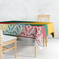 Lithuania-themed tablecloth draped on a dining table with flag-style colors and crest
