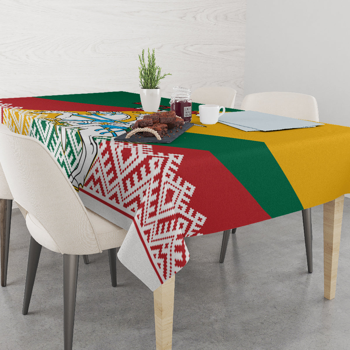 Rectangular Lithuania tablecloth with multi-color regional patterns and Vytis-style coat of arms