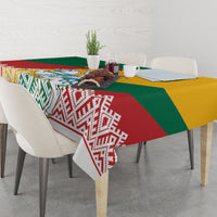 Rectangular Lithuania tablecloth with multi-color regional patterns and Vytis-style coat of arms