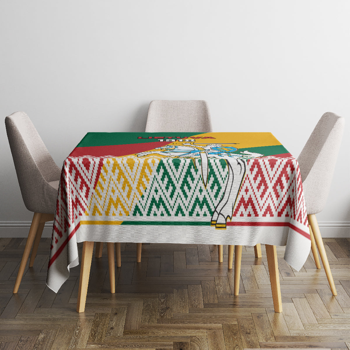 Lithuania Independence Day tablecloth with flag stripes, geometric trim, and central crest