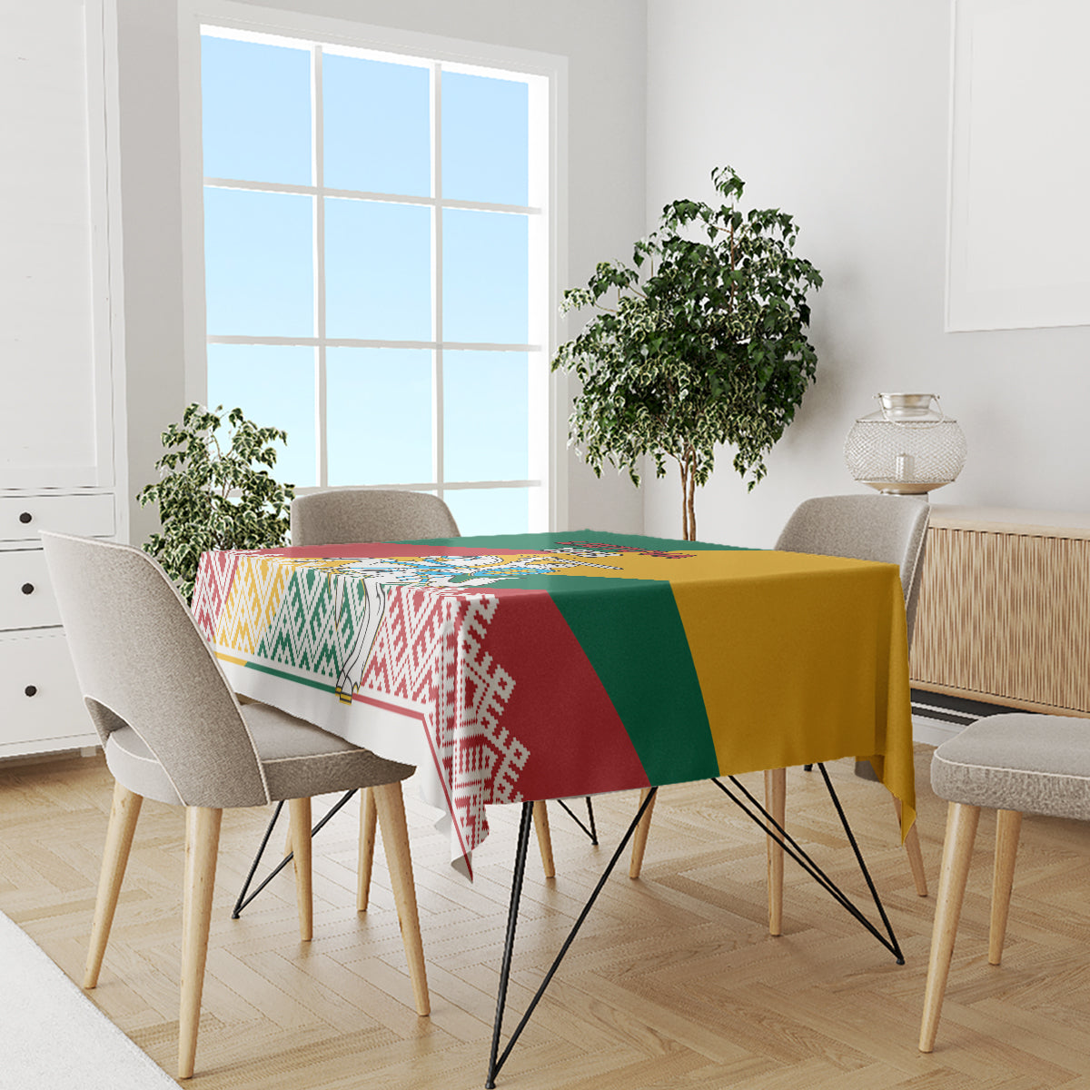 Flag-themed Lithuania tablecloth on a dining table, featuring bold bands and decorative border
