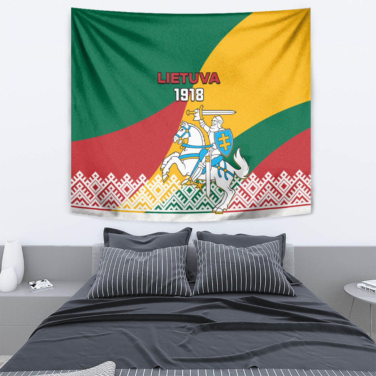 Lithuania flag tapestry showing “LIETUVA 1918” and a mounted knight coat-of-arms