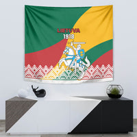 Lithuania Independence Day tapestry with green-yellow-red colors and “LIETUVA 1918”