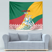 Lithuania flag tapestry with “LIETUVA 1918” lettering, knight emblem, and belt details