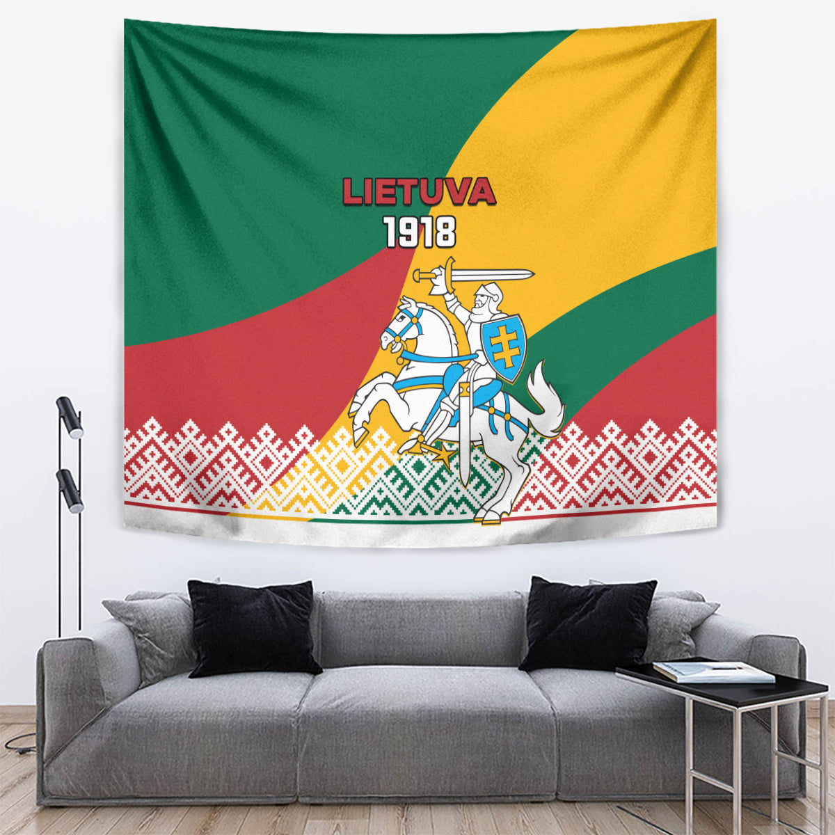 Lithuania flag tapestry featuring “LIETUVA 1918” text, knight figure, and patterned border