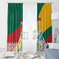 Lithuania Independence Day window curtain panels with crest, Lietuva 1918, and folk border.