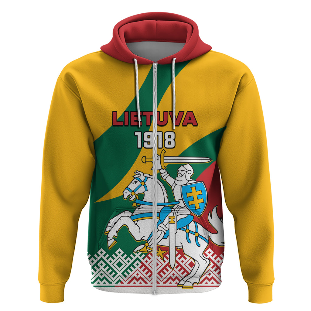 Yellow zip hoodie with red hood, Lithuania 1918 front graphic and crest