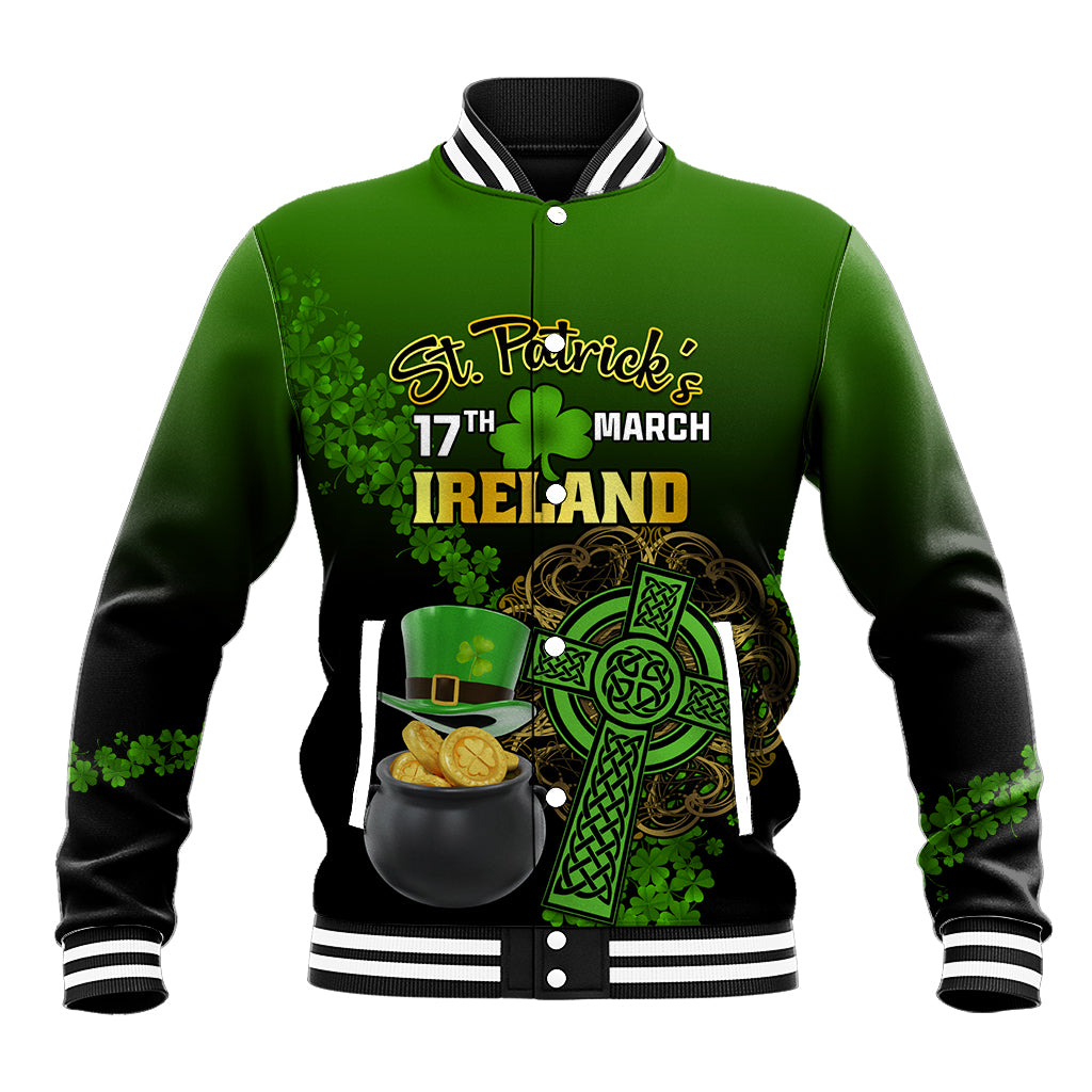 Green St. Patrick's baseball jacket with shamrock, cauldron graphic and striped collar