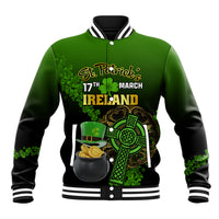 Green St. Patrick's baseball jacket with shamrock, cauldron graphic and striped collar