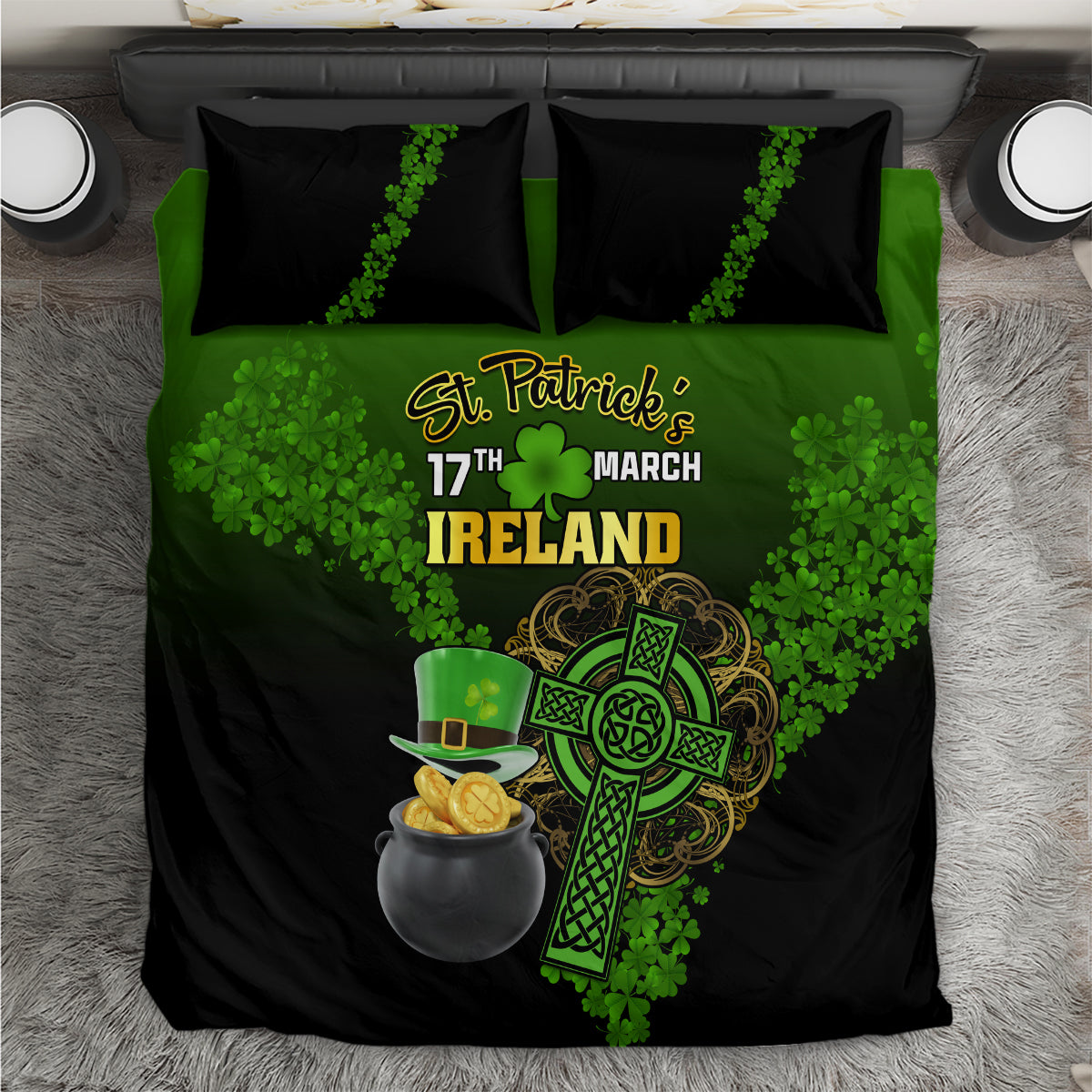 St. Patrick's Day bedding set with black base, green clover text and cauldron coins