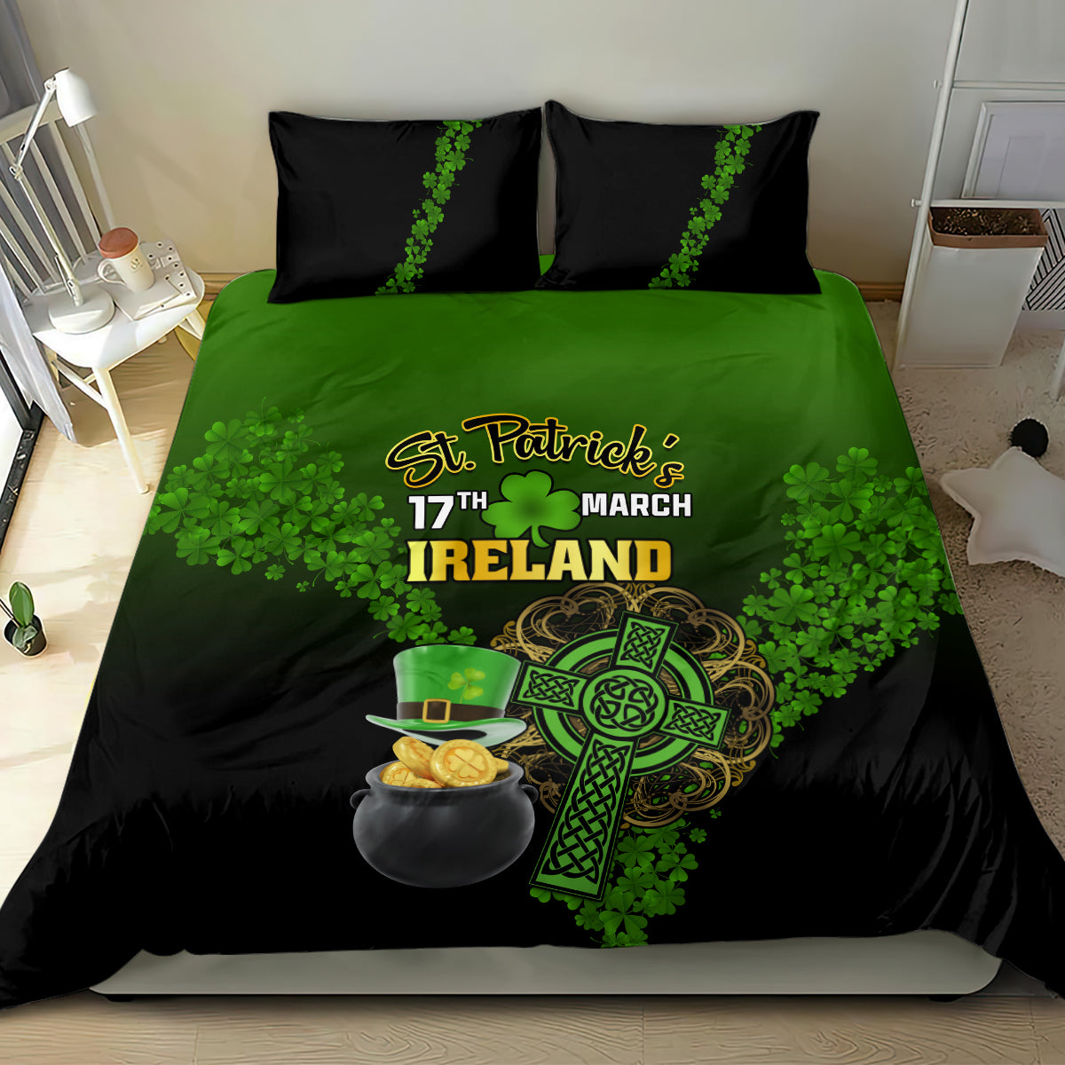 St. Patrick's Day bedding set with green shamrock art, cauldron coins, and 'Ireland' text
